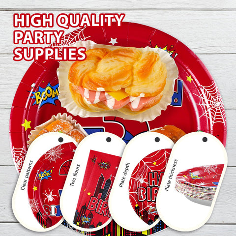 96 Pcs Spider 3rd Birthday Party Plates and Napkins - Grencian