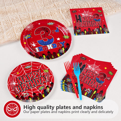 96 Pcs Spider 3rd Birthday Party Plates and Napkins - Grencian