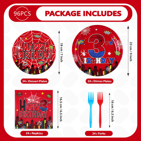 96 Pcs Spider 3rd Birthday Party Plates and Napkins - Grencian