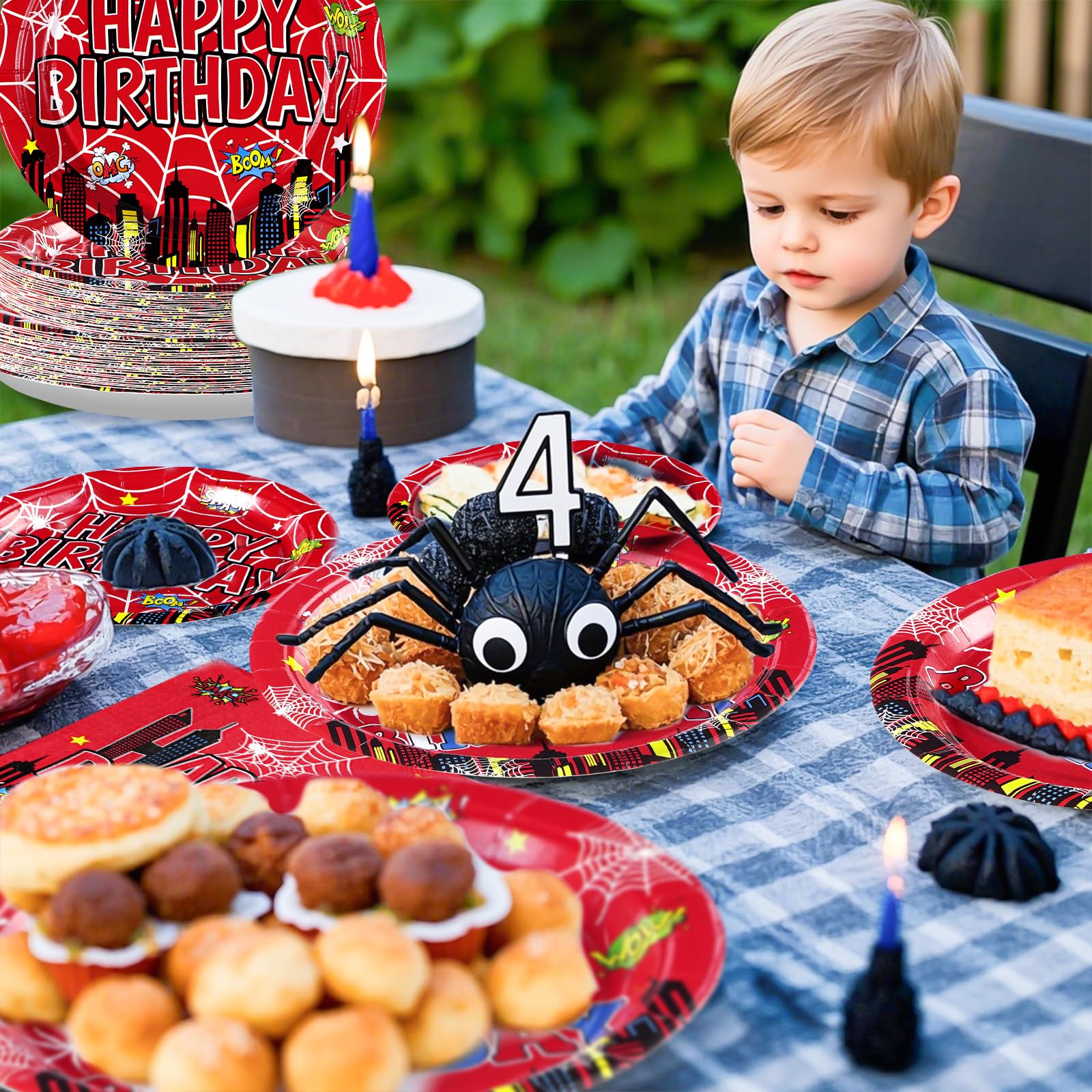 96 Pcs Spider 4th Birthday Party Plates and Napkins - Grencian