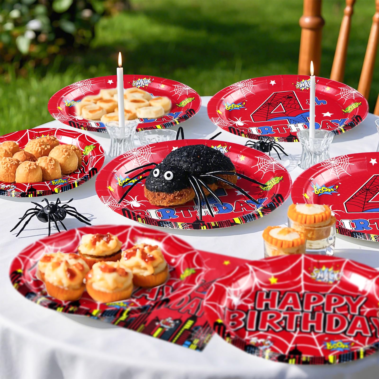 96 Pcs Spider 4th Birthday Party Plates and Napkins - Grencian