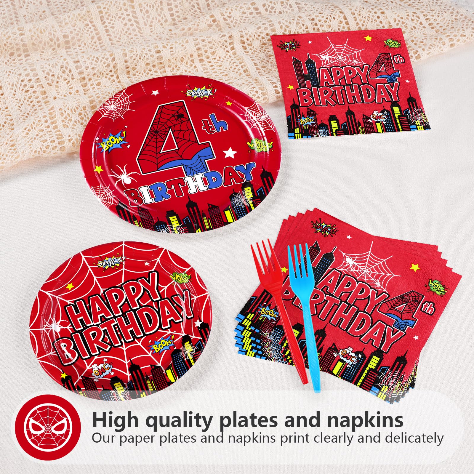 96 Pcs Spider 4th Birthday Party Plates and Napkins - Grencian