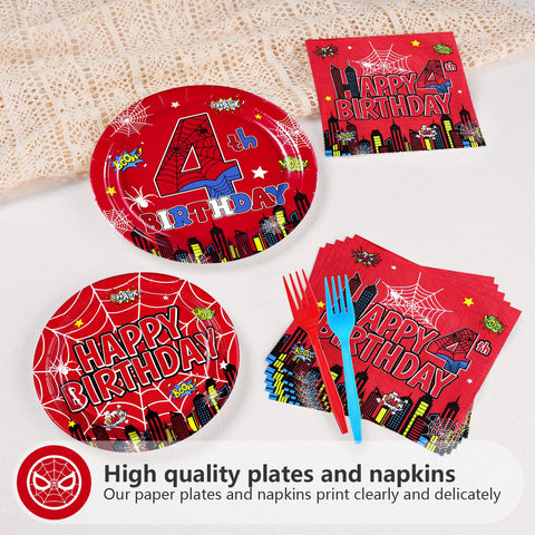96 Pcs Spider 4th Birthday Party Plates and Napkins - Grencian