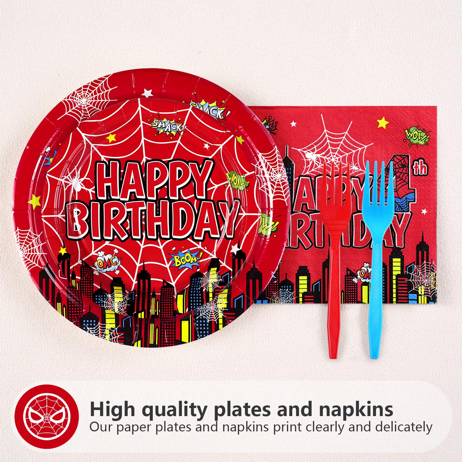 96 Pcs Spider 4th Birthday Party Plates and Napkins - Grencian