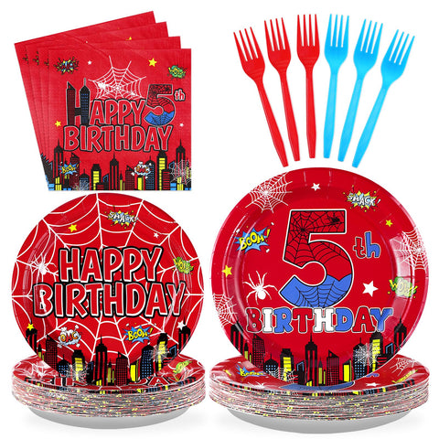 96 Pcs Spider 5th Birthday Party Plates and Napkins - Grencian
