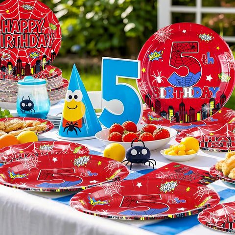 96 Pcs Spider 5th Birthday Party Plates and Napkins - Grencian