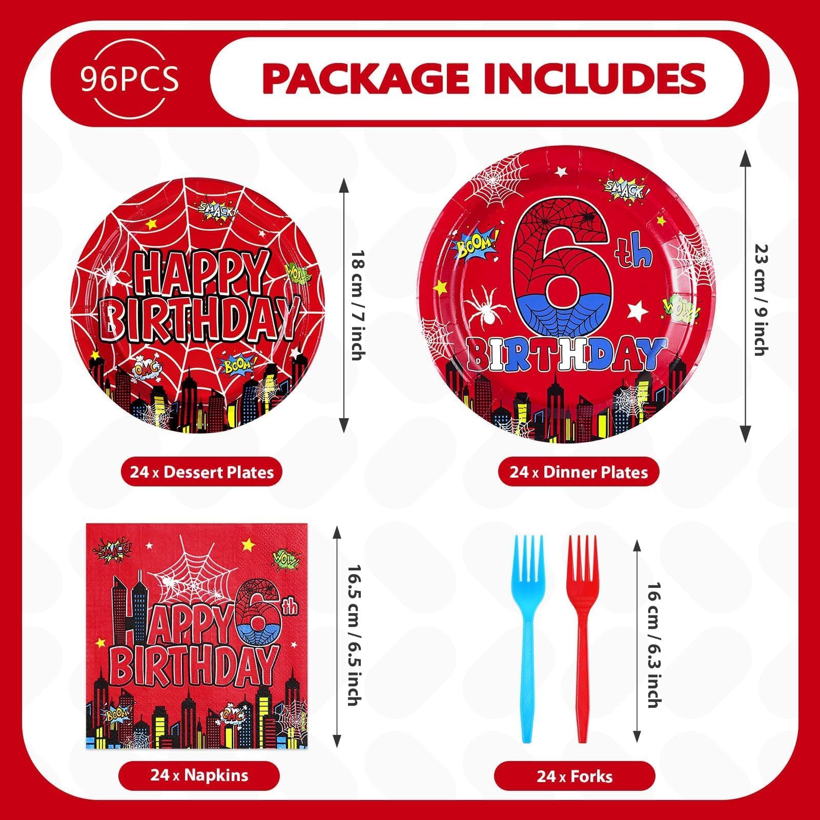 96 Pcs Spider 6th Birthday Party Plates and Napkins - Grencian