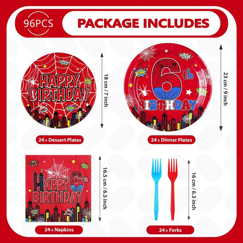 96 Pcs Spider 6th Birthday Party Plates and Napkins - Grencian