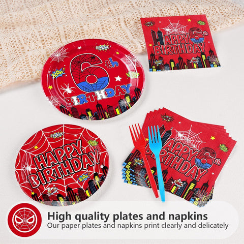96 Pcs Spider 6th Birthday Party Plates and Napkins - Grencian