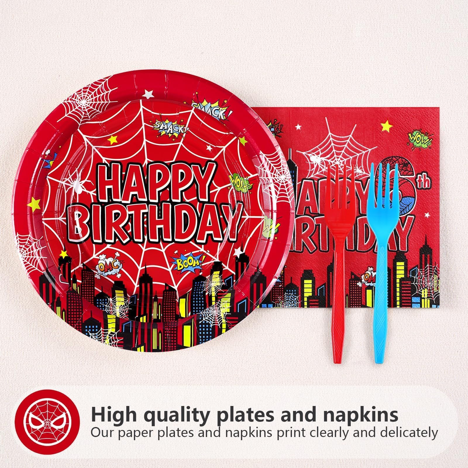96 Pcs Spider 6th Birthday Party Plates and Napkins - Grencian
