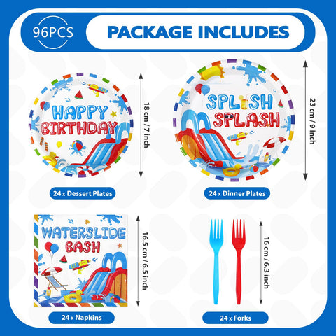 96 Pcs Splish Splash Birthday Party Plates and Napkins - Grencian
