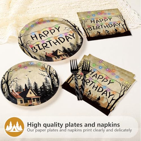 96 Pcs Spooky Rustic Birthday Party Plates and Napkins - Grencian