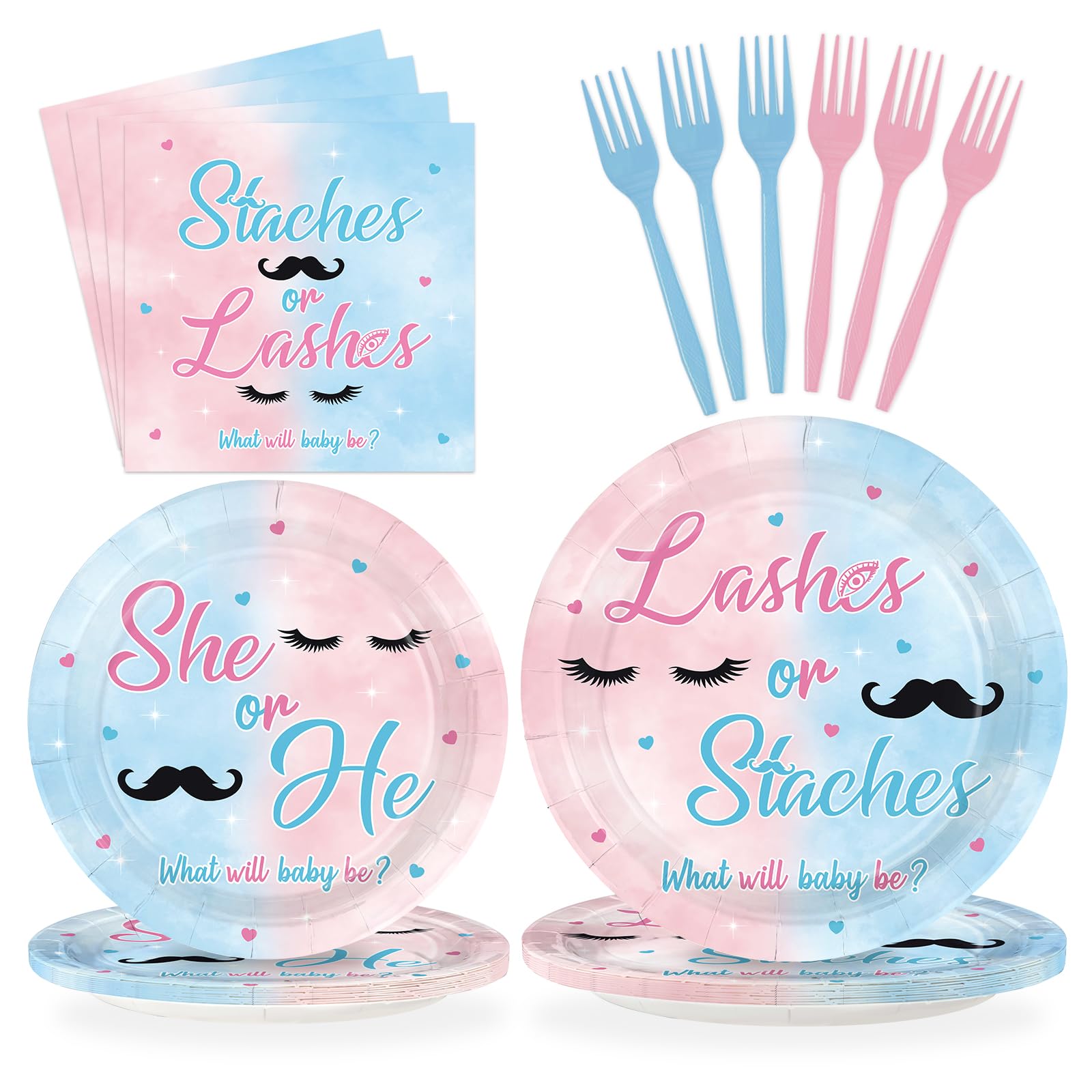 96 Pcs Staches or Lashes Gender Reveal Party Plates and Napkins - Grencian