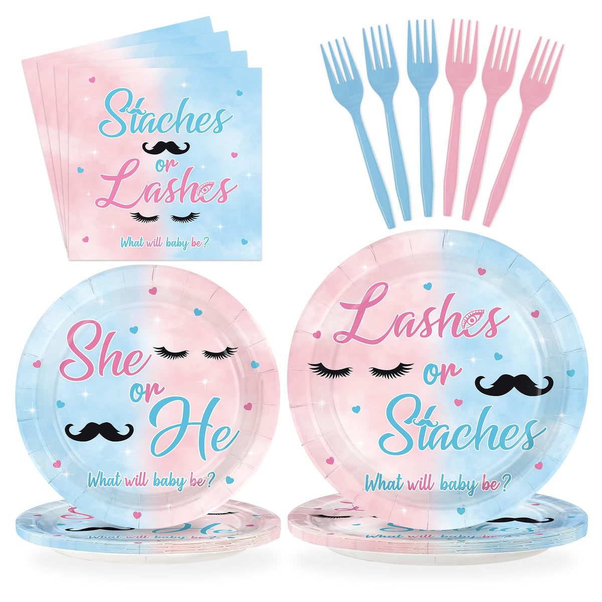 96 Pcs Staches or Lashes Gender Reveal Party Plates and Napkins - Grencian