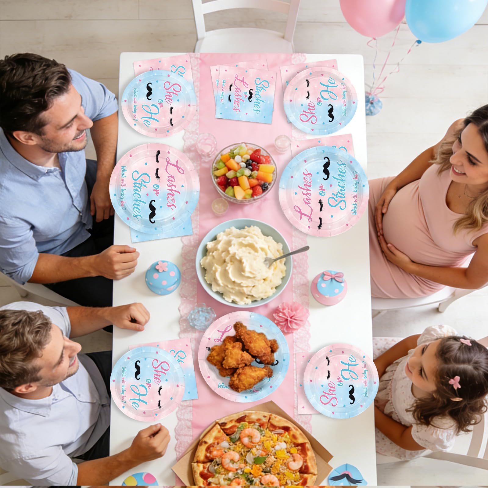 96 Pcs Staches or Lashes Gender Reveal Party Plates and Napkins - Grencian