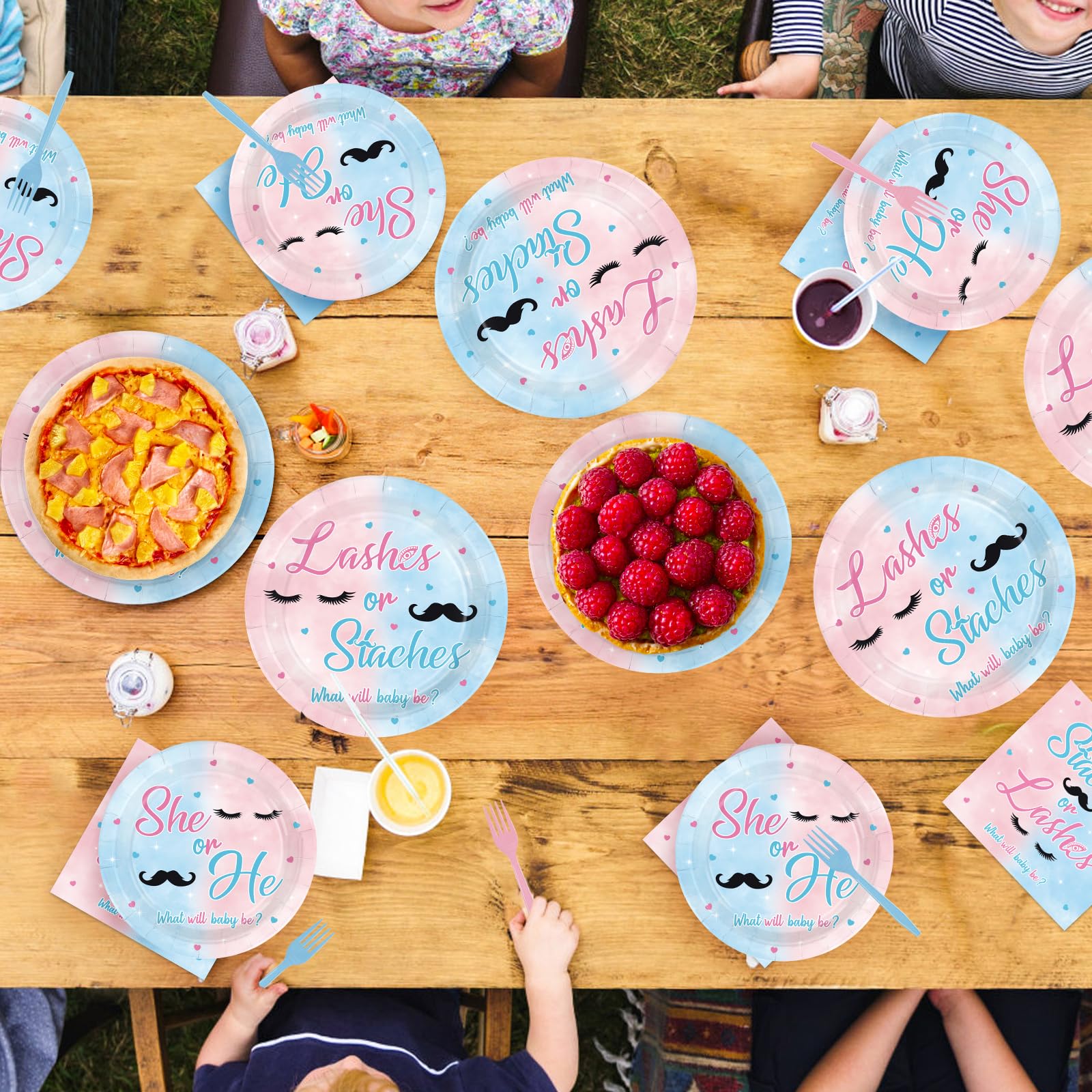 96 Pcs Staches or Lashes Gender Reveal Party Plates and Napkins - Grencian