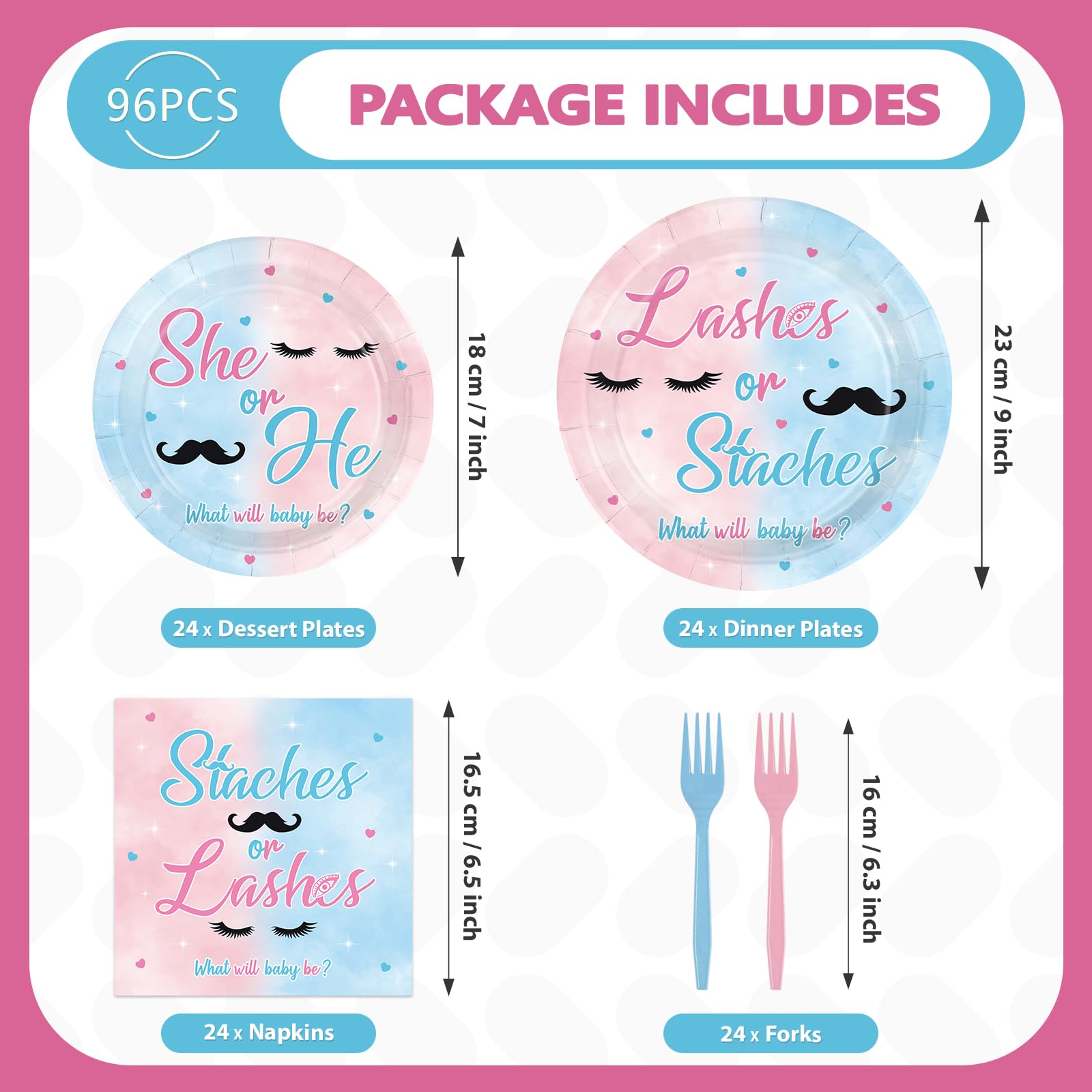 96 Pcs Staches or Lashes Gender Reveal Party Plates and Napkins - Grencian