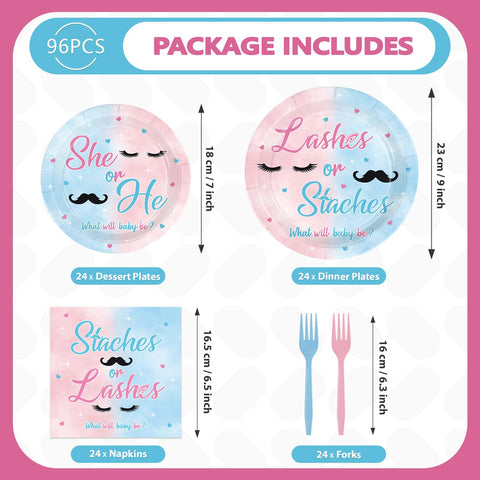 96 Pcs Staches or Lashes Gender Reveal Party Plates and Napkins - Grencian