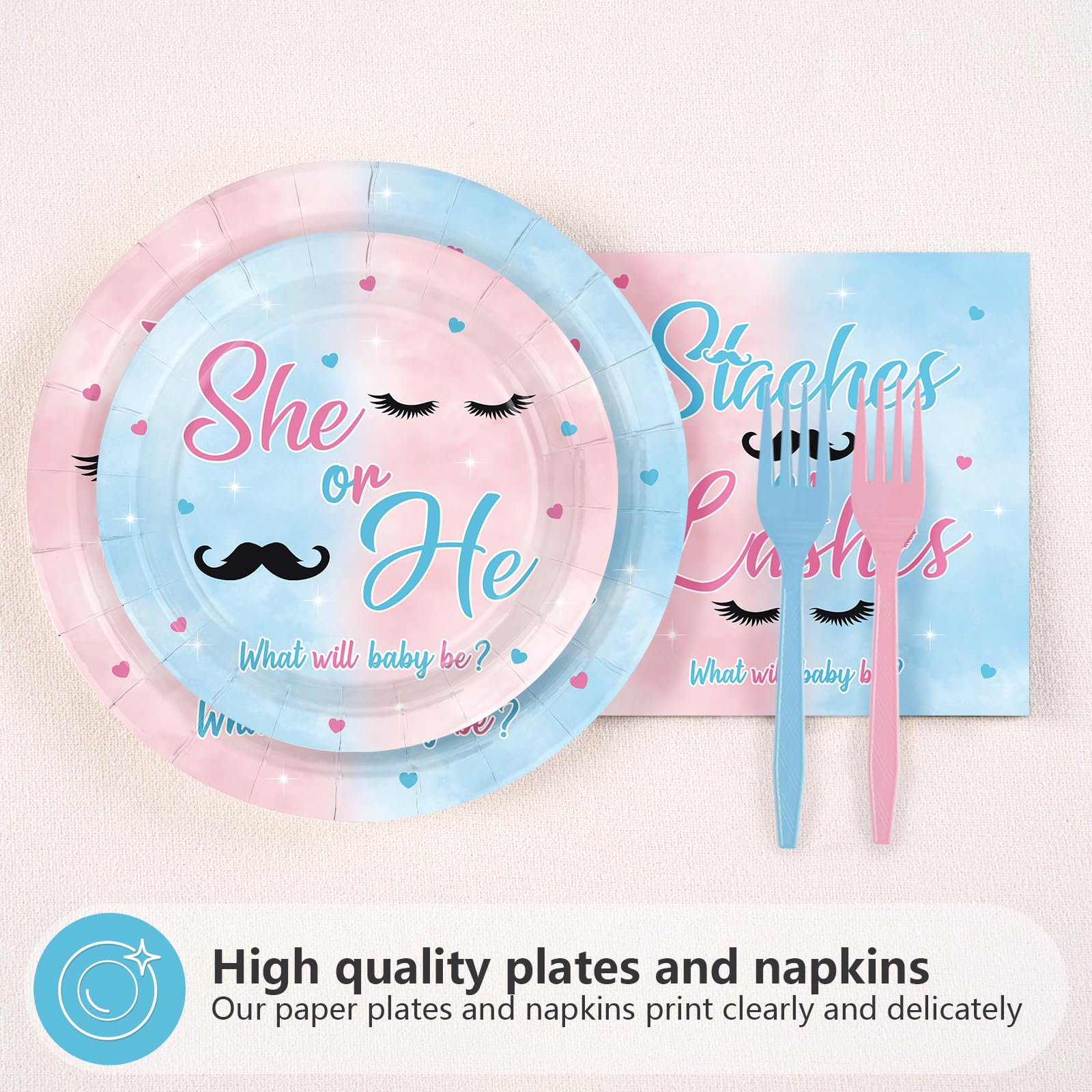 96 Pcs Staches or Lashes Gender Reveal Party Plates and Napkins - Grencian