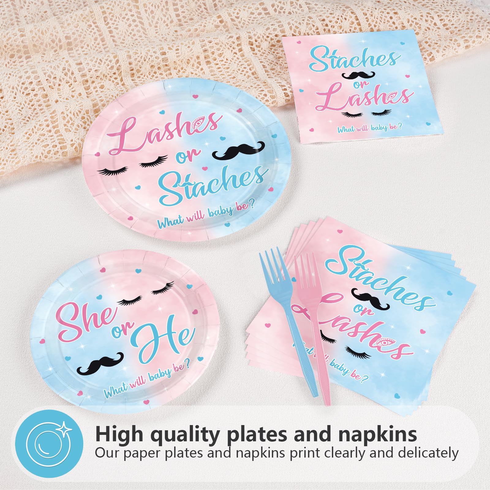 96 Pcs Staches or Lashes Gender Reveal Party Plates and Napkins - Grencian