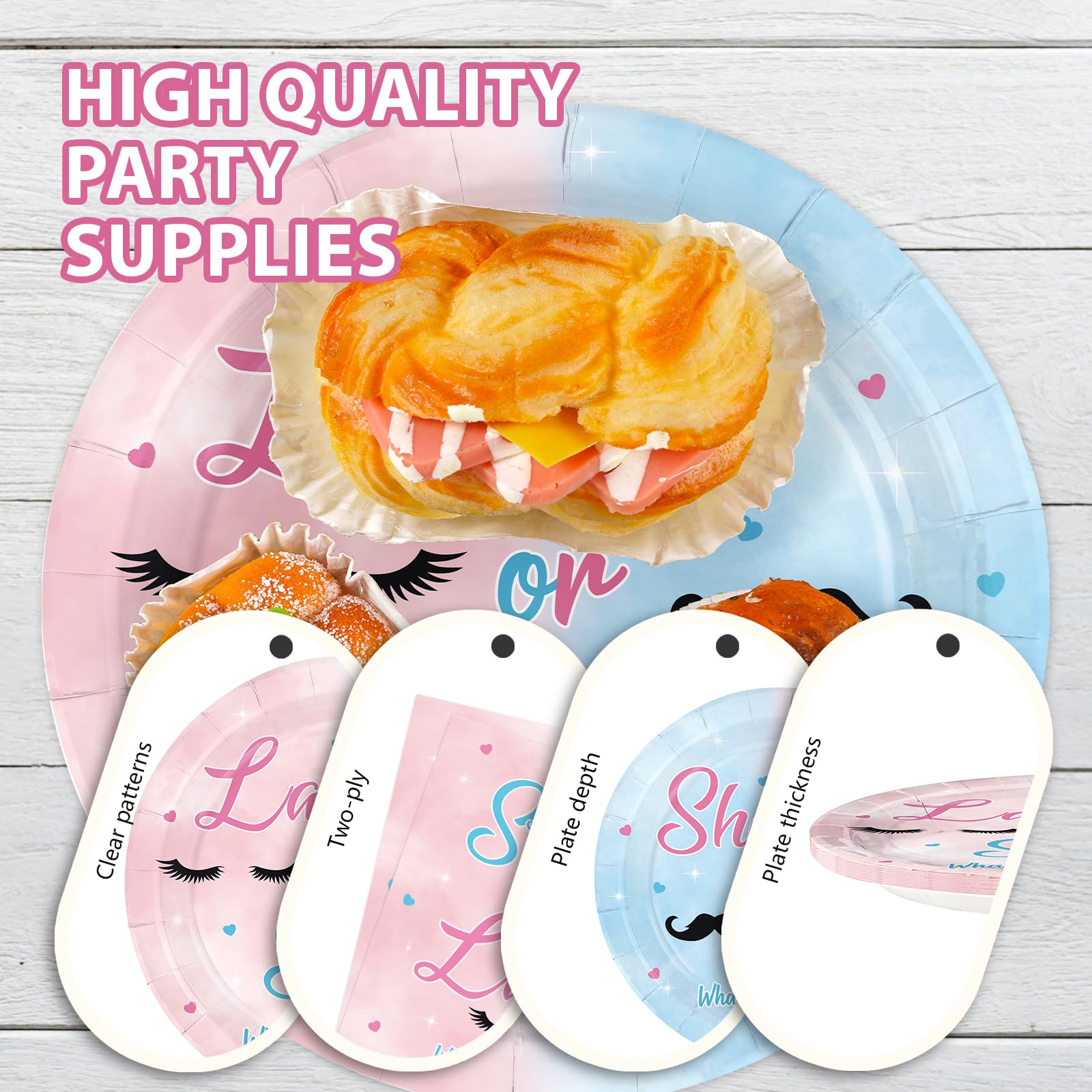 96 Pcs Staches or Lashes Gender Reveal Party Plates and Napkins - Grencian