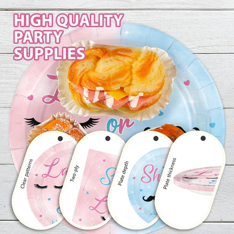 96 Pcs Staches or Lashes Gender Reveal Party Plates and Napkins - Grencian