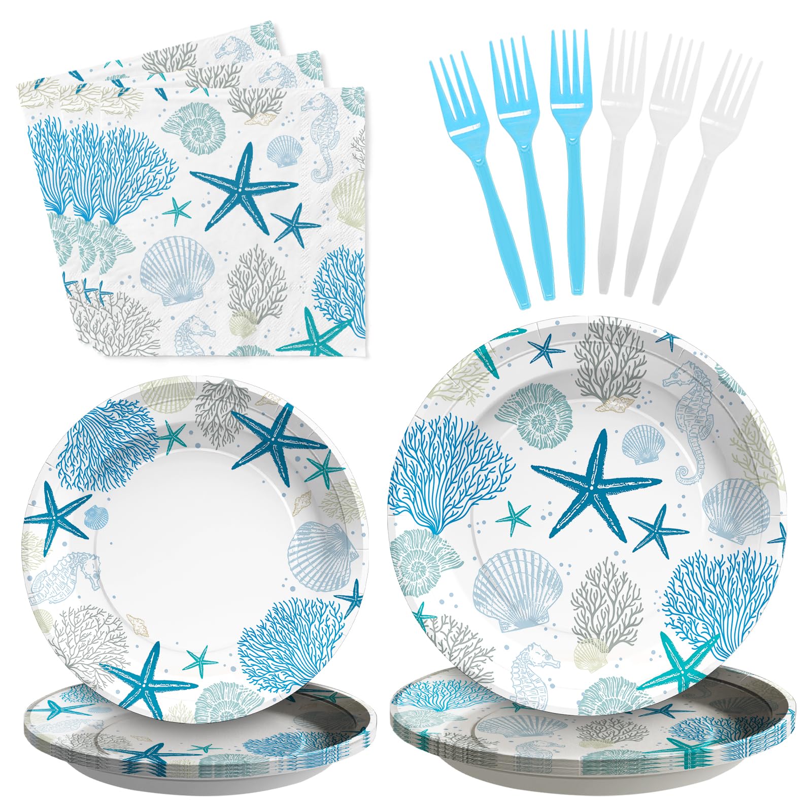 96 Pcs Starfish Seashell Party Plates and Napkins - Grencian