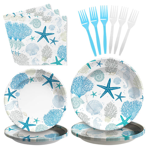 96 Pcs Starfish Seashell Party Plates and Napkins - Grencian