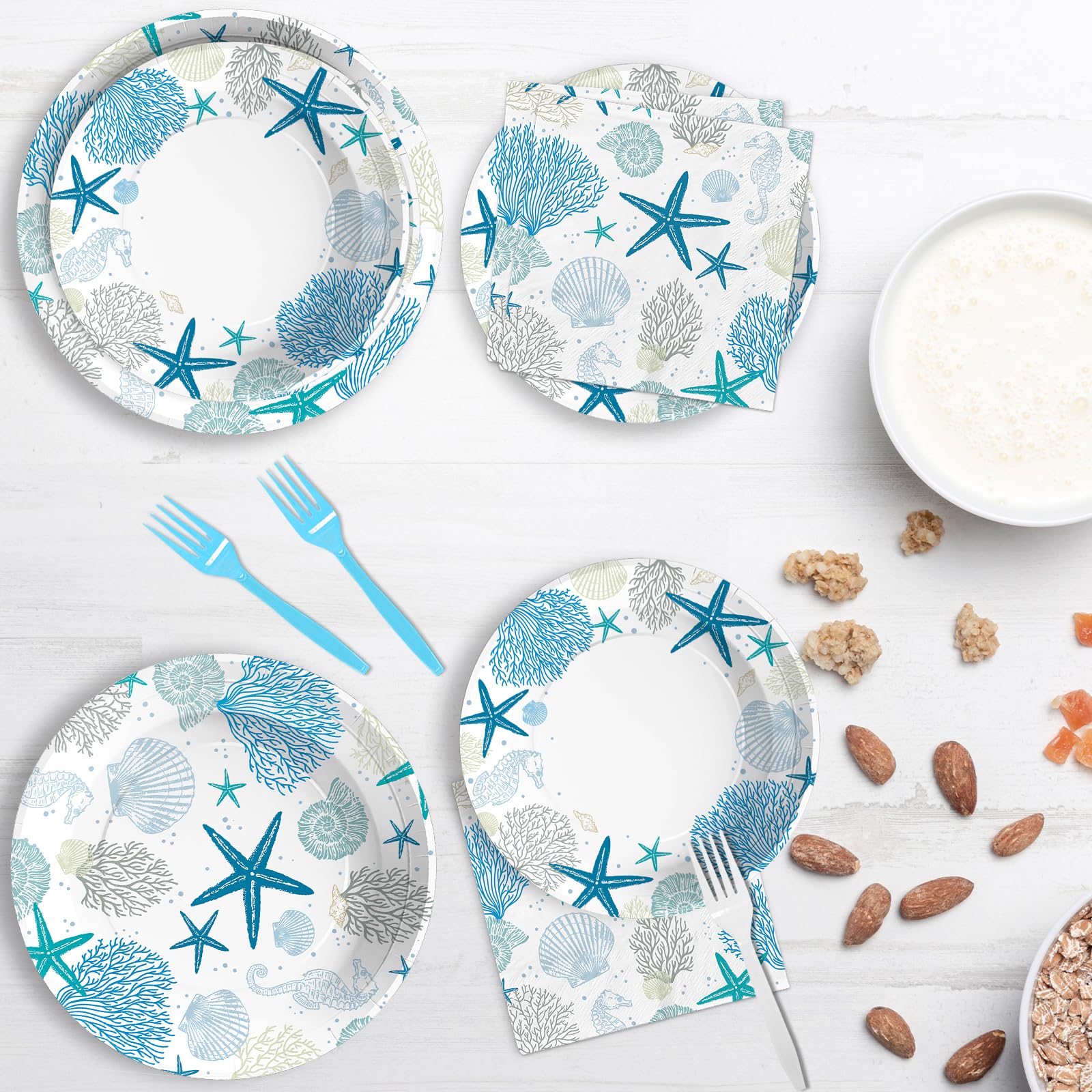 96 Pcs Starfish Seashell Party Plates and Napkins - Grencian