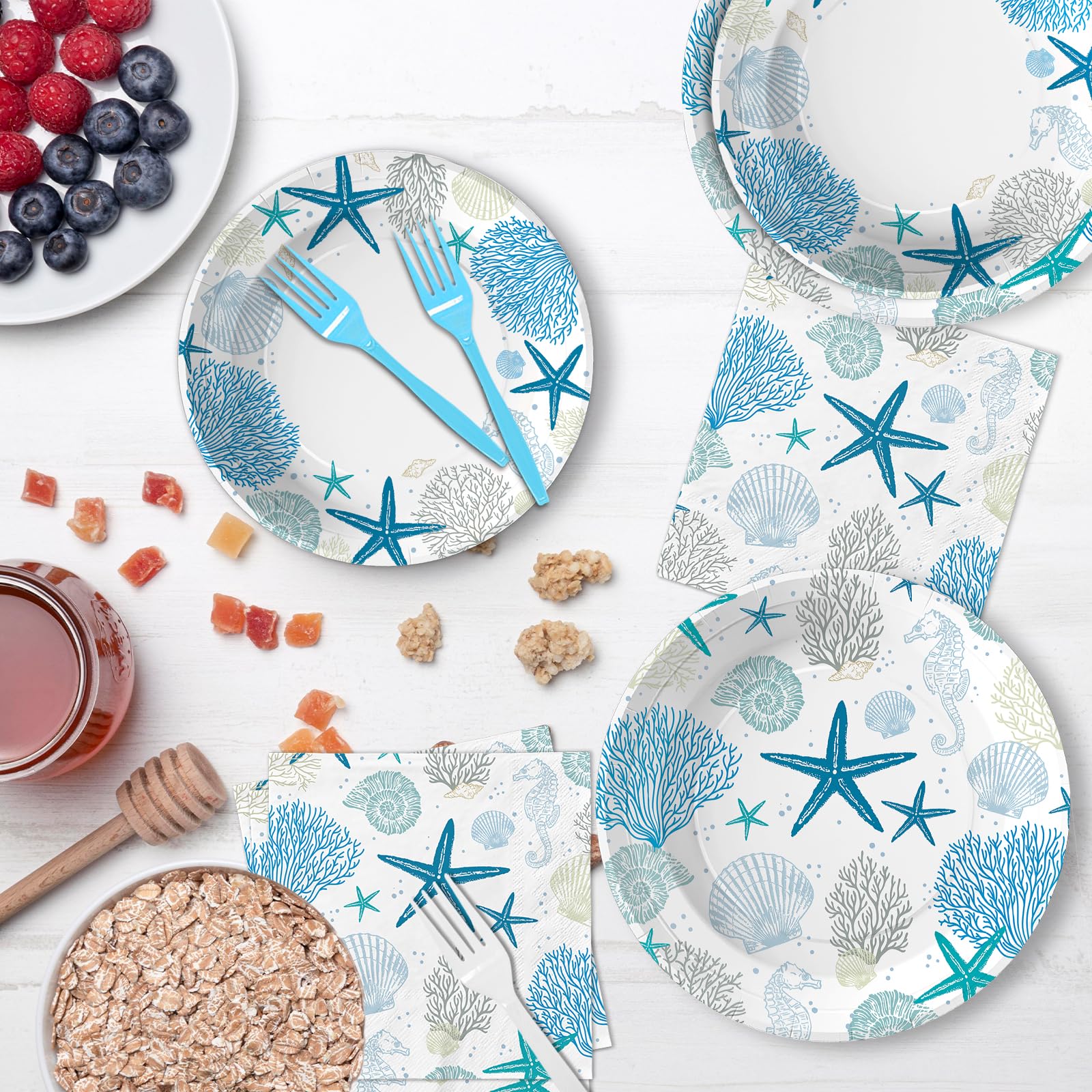 96 Pcs Starfish Seashell Party Plates and Napkins - Grencian