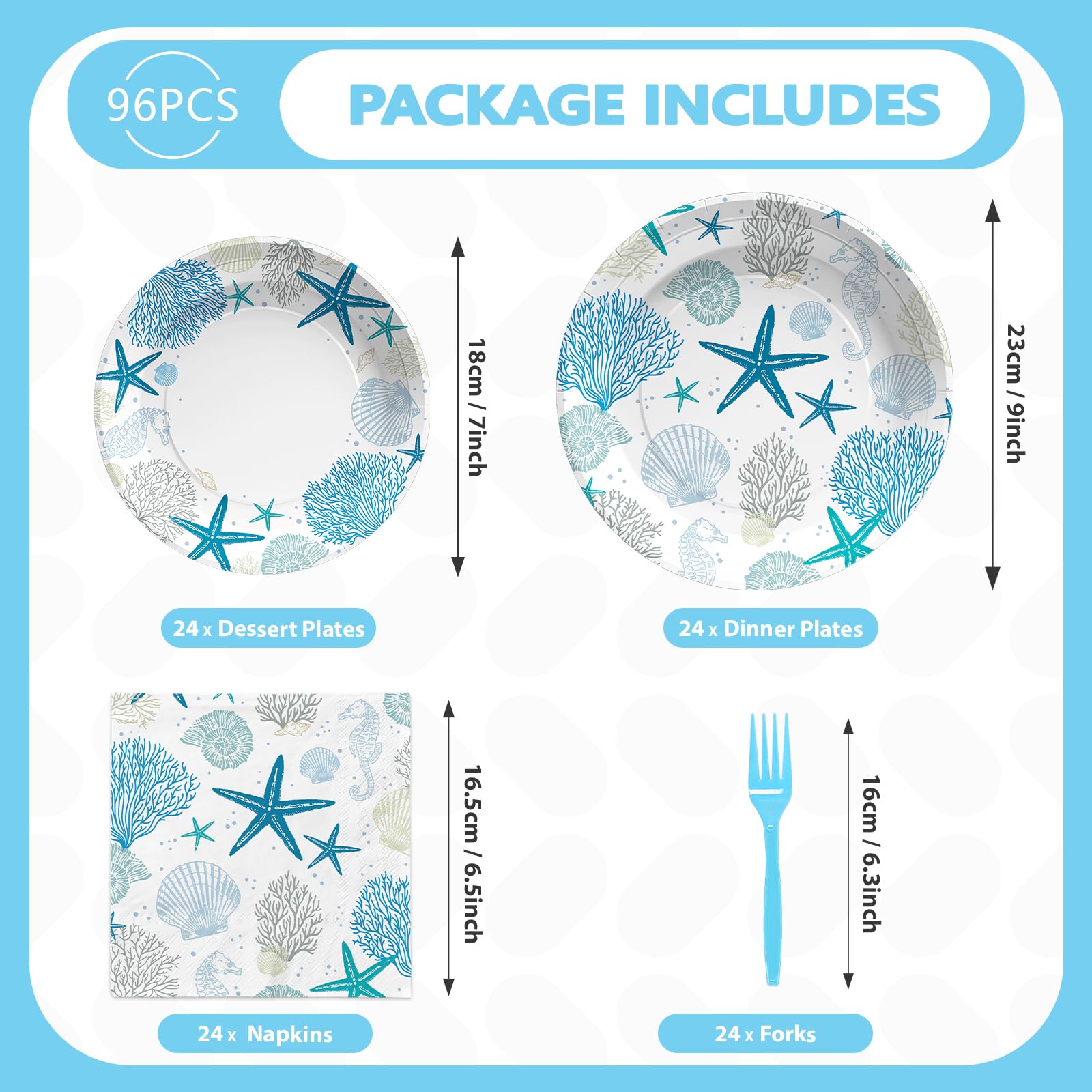 96 Pcs Starfish Seashell Party Plates and Napkins - Grencian