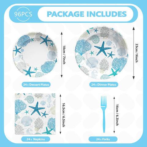 96 Pcs Starfish Seashell Party Plates and Napkins - Grencian