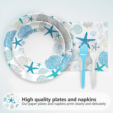96 Pcs Starfish Seashell Party Plates and Napkins - Grencian