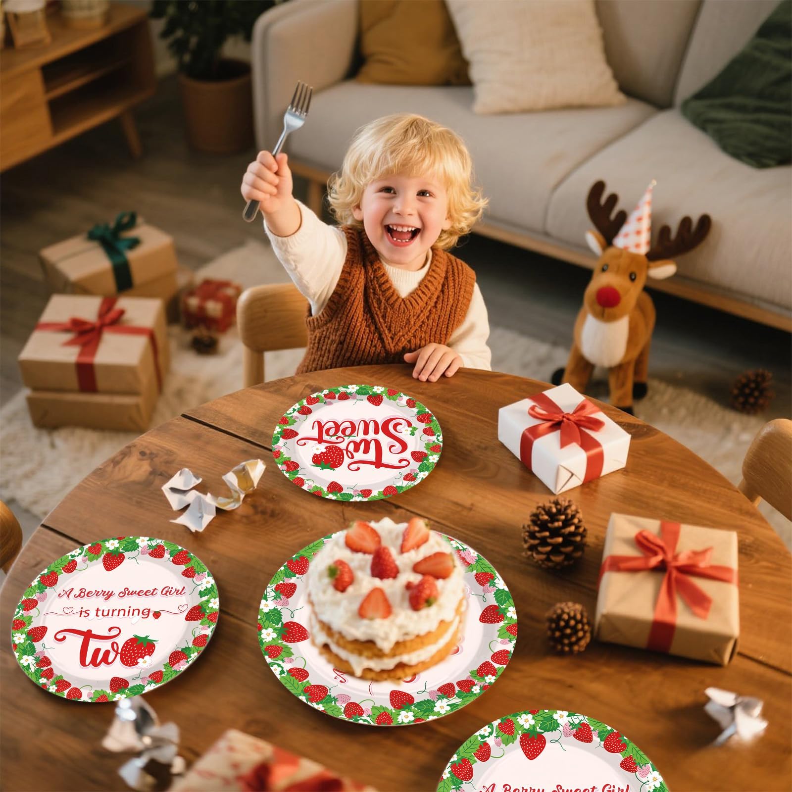 96 Pcs Strawberry 2nd Birthday Party Plates and Napkins - Grencian