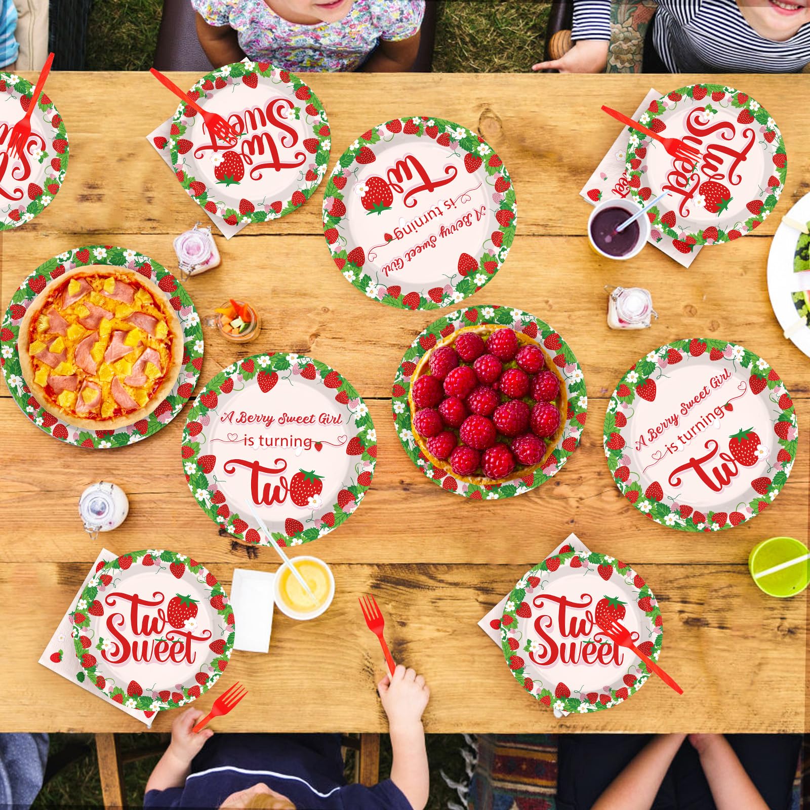 96 Pcs Strawberry 2nd Birthday Party Plates and Napkins - Grencian