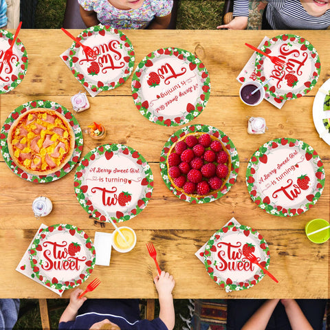 96 Pcs Strawberry 2nd Birthday Party Plates and Napkins - Grencian