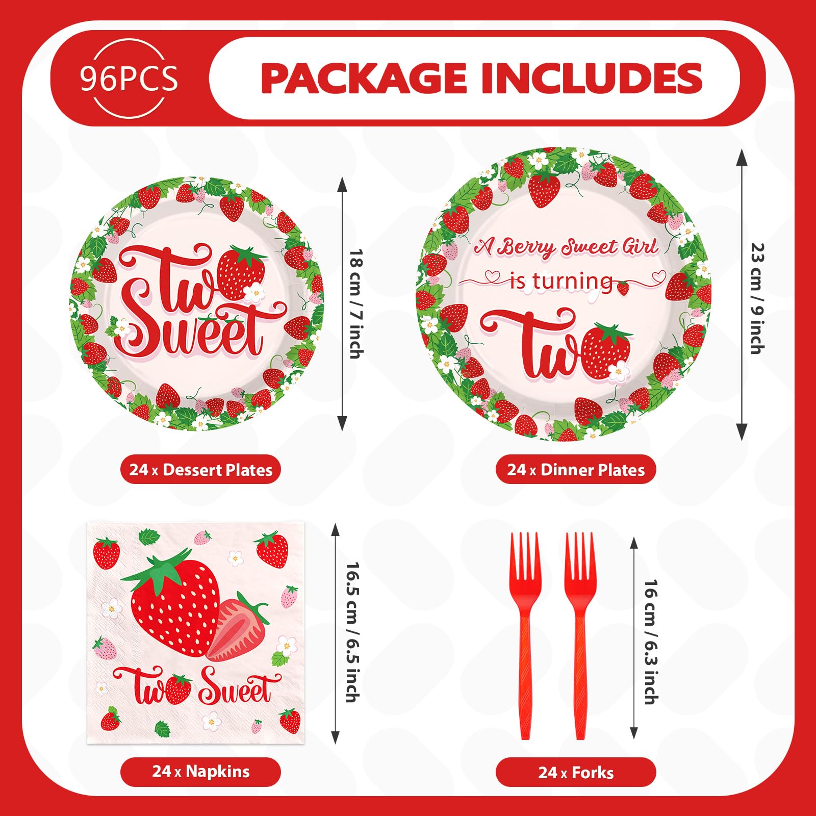 96 Pcs Strawberry 2nd Birthday Party Plates and Napkins - Grencian
