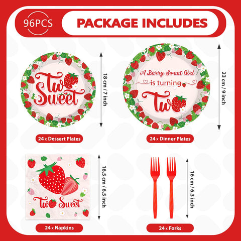 96 Pcs Strawberry 2nd Birthday Party Plates and Napkins - Grencian