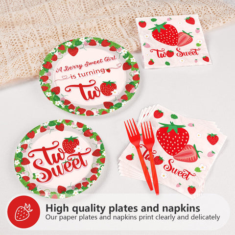 96 Pcs Strawberry 2nd Birthday Party Plates and Napkins - Grencian