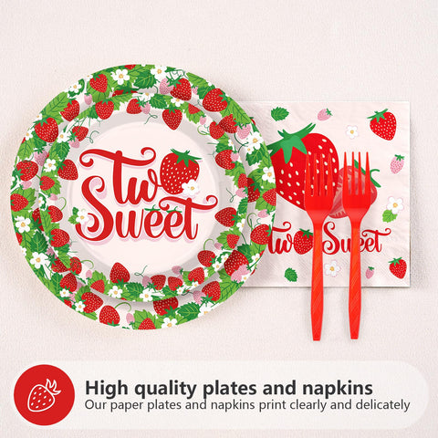 96 Pcs Strawberry 2nd Birthday Party Plates and Napkins - Grencian
