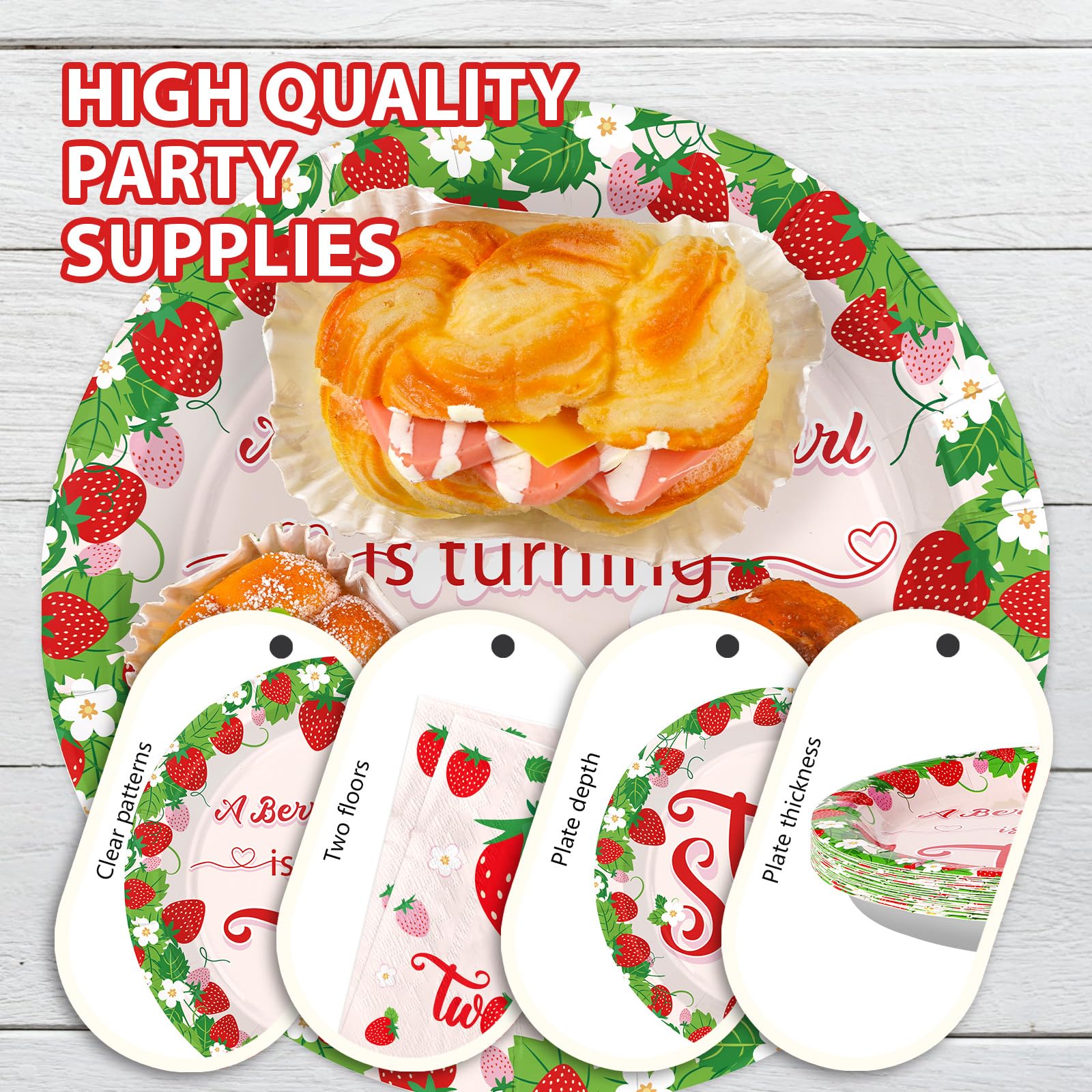 96 Pcs Strawberry 2nd Birthday Party Plates and Napkins - Grencian