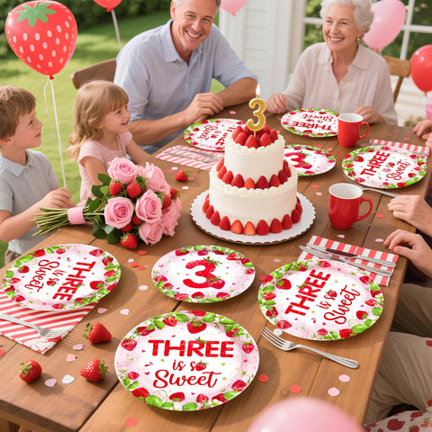 96 Pcs Strawberry 3rd Birthday Party Plates and Napkins - Grencian