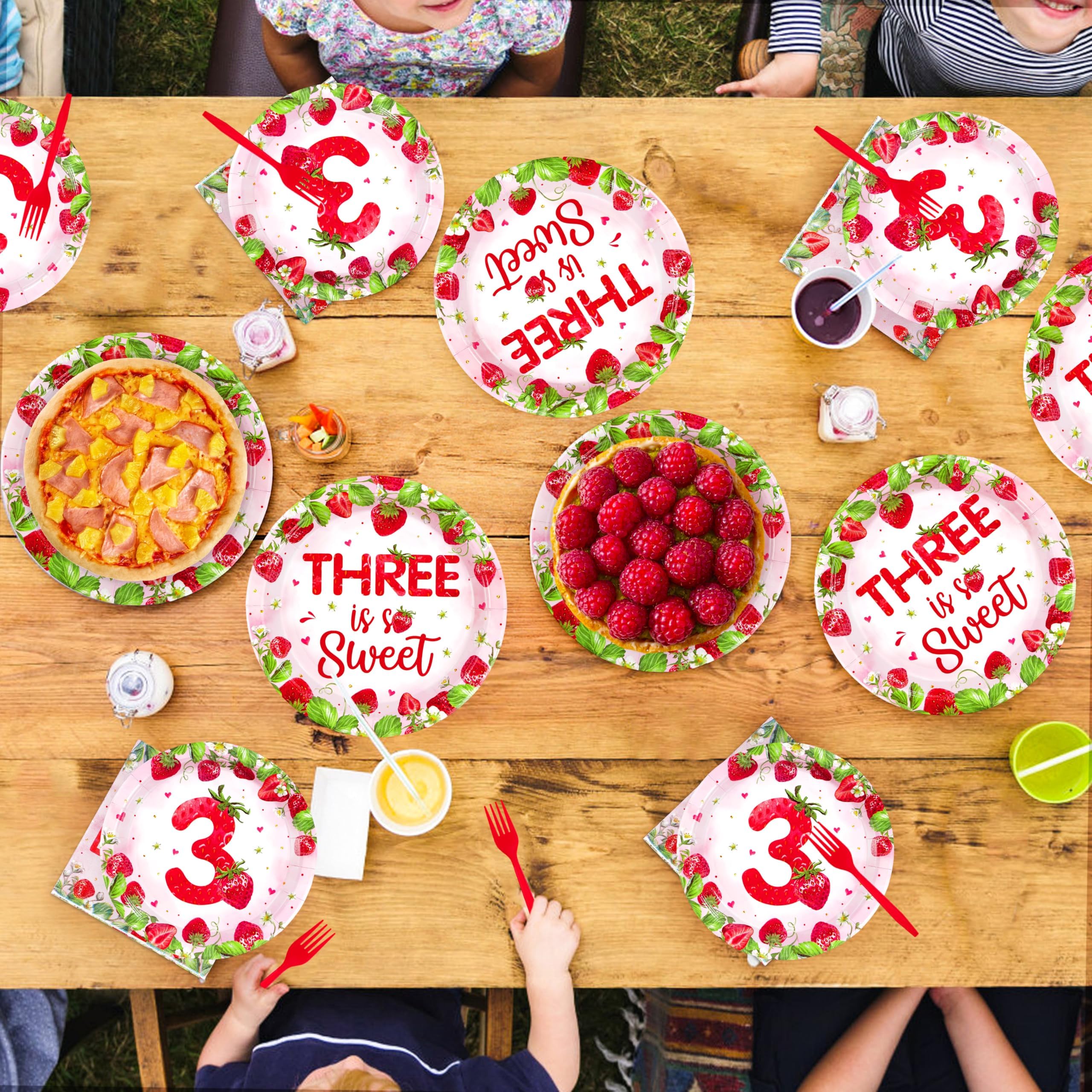96 Pcs Strawberry 3rd Birthday Party Plates and Napkins - Grencian