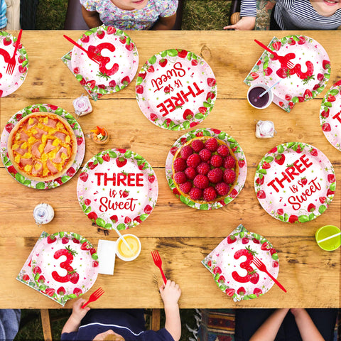 96 Pcs Strawberry 3rd Birthday Party Plates and Napkins - Grencian