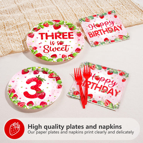 96 Pcs Strawberry 3rd Birthday Party Plates and Napkins - Grencian