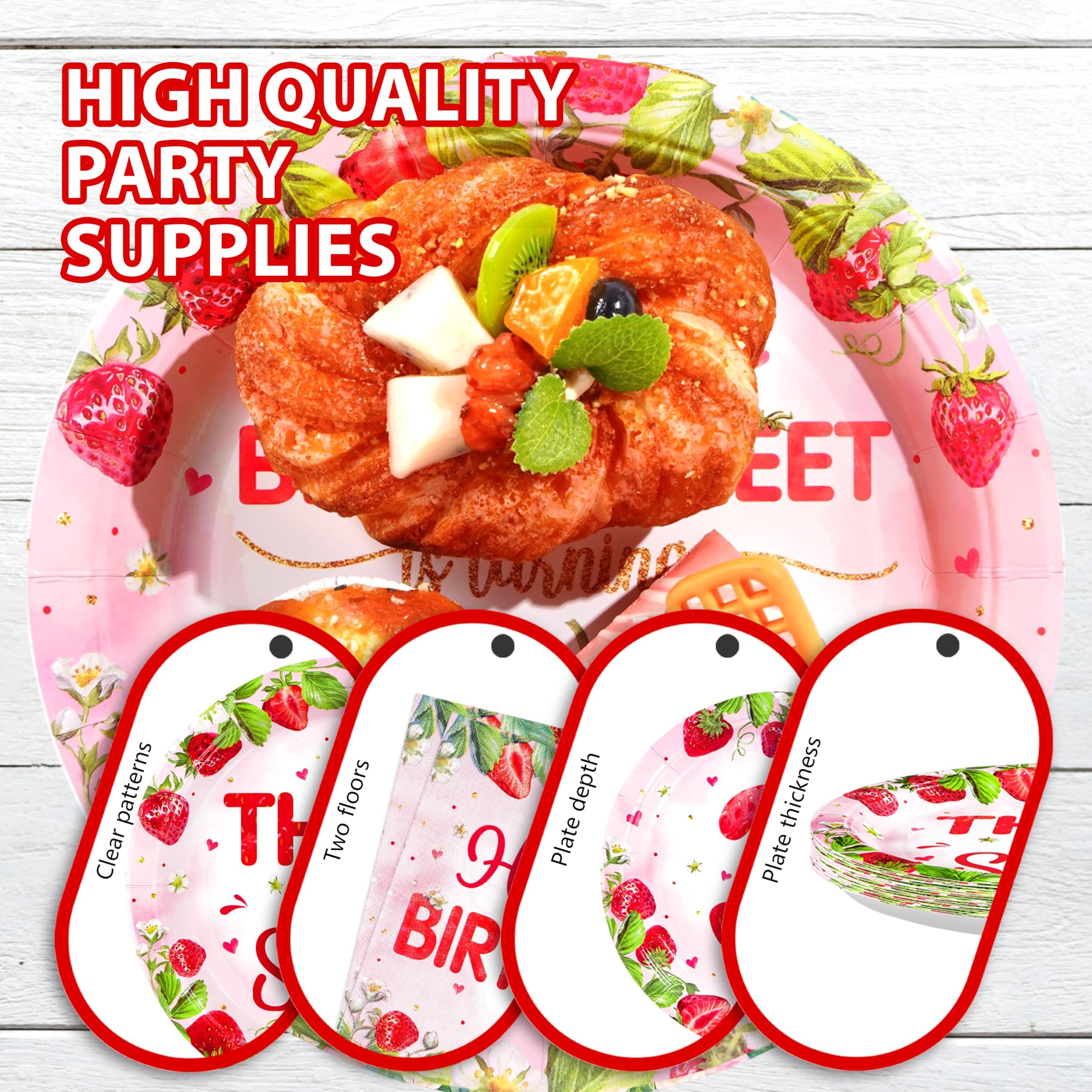 96 Pcs Strawberry 3rd Birthday Party Plates and Napkins - Grencian