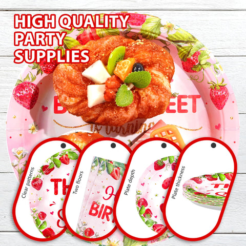 96 Pcs Strawberry 3rd Birthday Party Plates and Napkins - Grencian