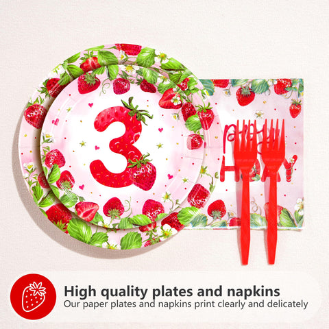96 Pcs Strawberry 3rd Birthday Party Plates and Napkins - Grencian