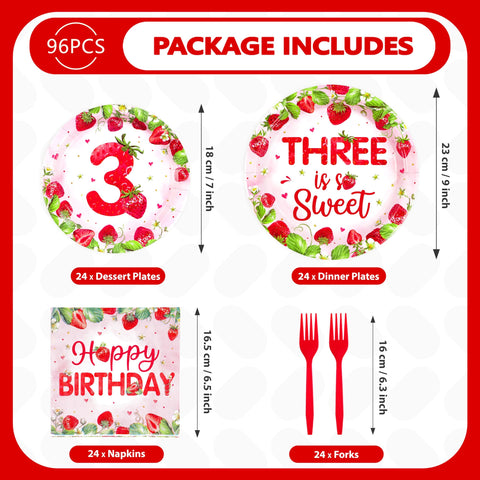 96 Pcs Strawberry 3rd Birthday Party Plates and Napkins - Grencian