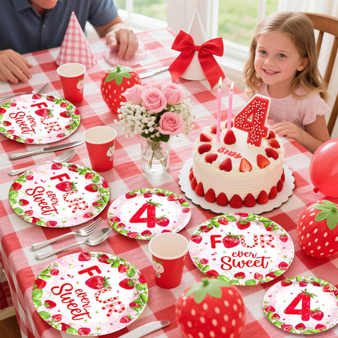 96 Pcs Strawberry 4th Birthday Party Plates and Napkins - Grencian